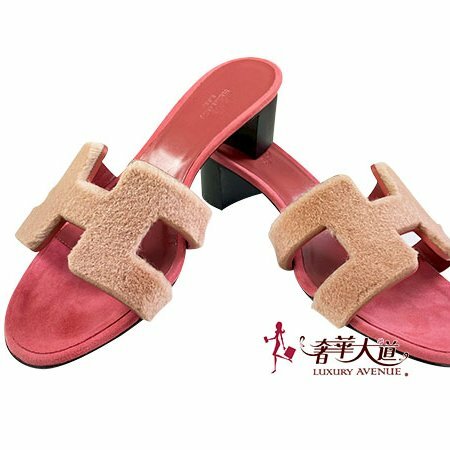 ＊奢華大道國際精品＊【H0411】HERMES 粉藕色 絨毛 H粗跟涼鞋 38號