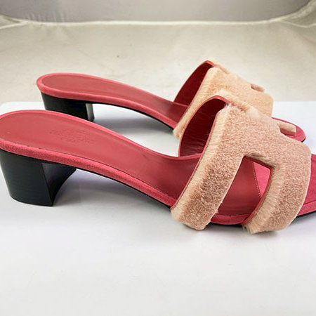 ＊奢華大道國際精品＊【H0411】HERMES 粉藕色 絨毛 H粗跟涼鞋 38號-1