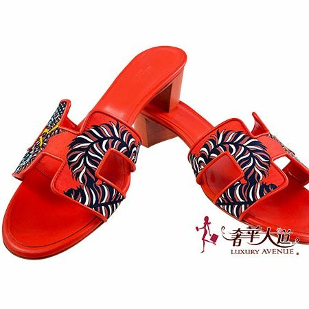 ＊奢華大道國際精品＊【H0412】HERMES橘紅色 絲巾緞面 H粗跟涼鞋 37.5號