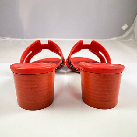＊奢華大道國際精品＊【H0412】HERMES橘紅色 絲巾緞面 H粗跟涼鞋 37.5號-3