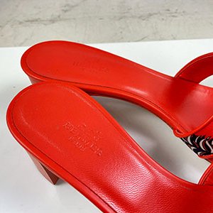 ＊奢華大道國際精品＊【H0412】HERMES橘紅色 絲巾緞面 H粗跟涼鞋 37.5號-6
