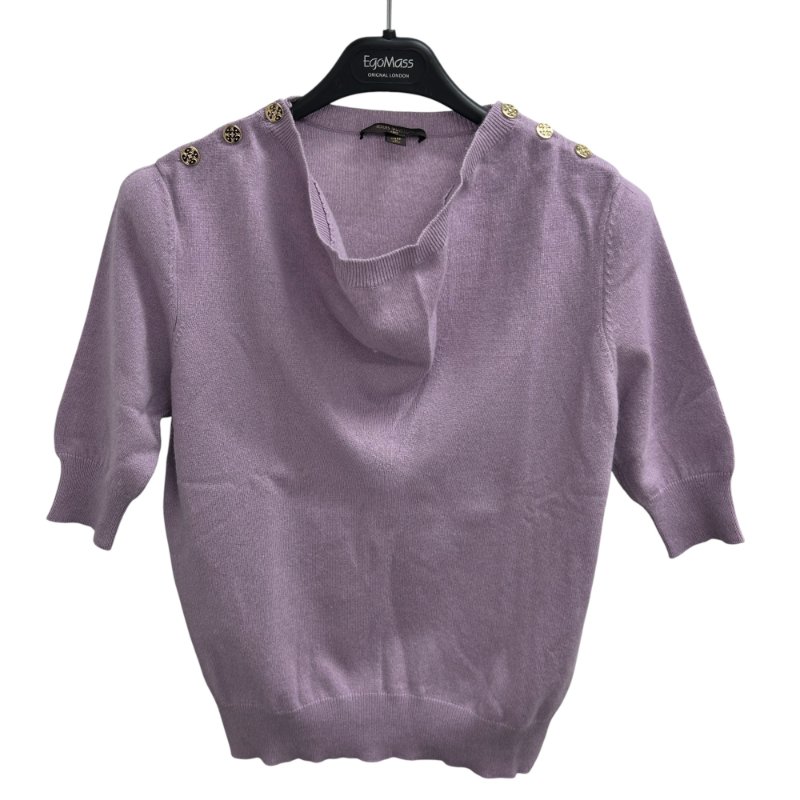 LOUIS VUITTON 路易威登 V領短袖針織上衣 金色鈕扣設計 喀什米爾羊絨  紫色 SIZE M-0