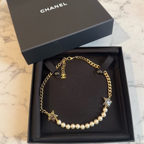 Chanel ABC676B金/珍珠紫星星項鍊