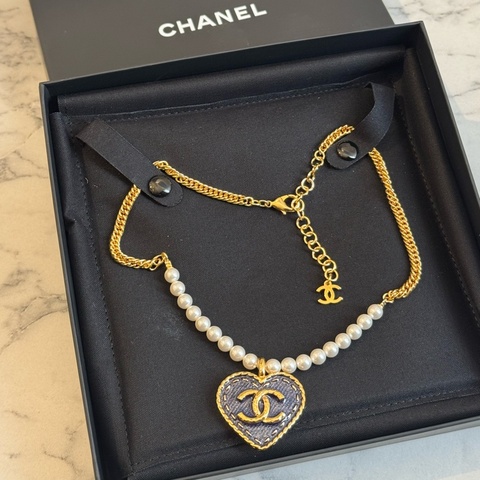 Chanel ABC710金/珍珠牛仔愛心項鏈