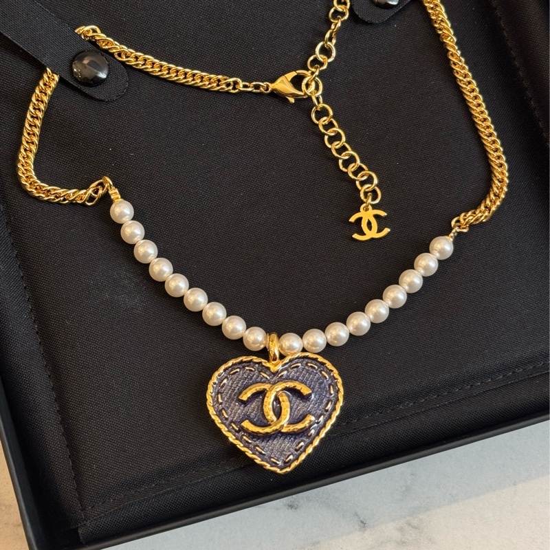 Chanel ABC710金/珍珠牛仔愛心項鏈-1