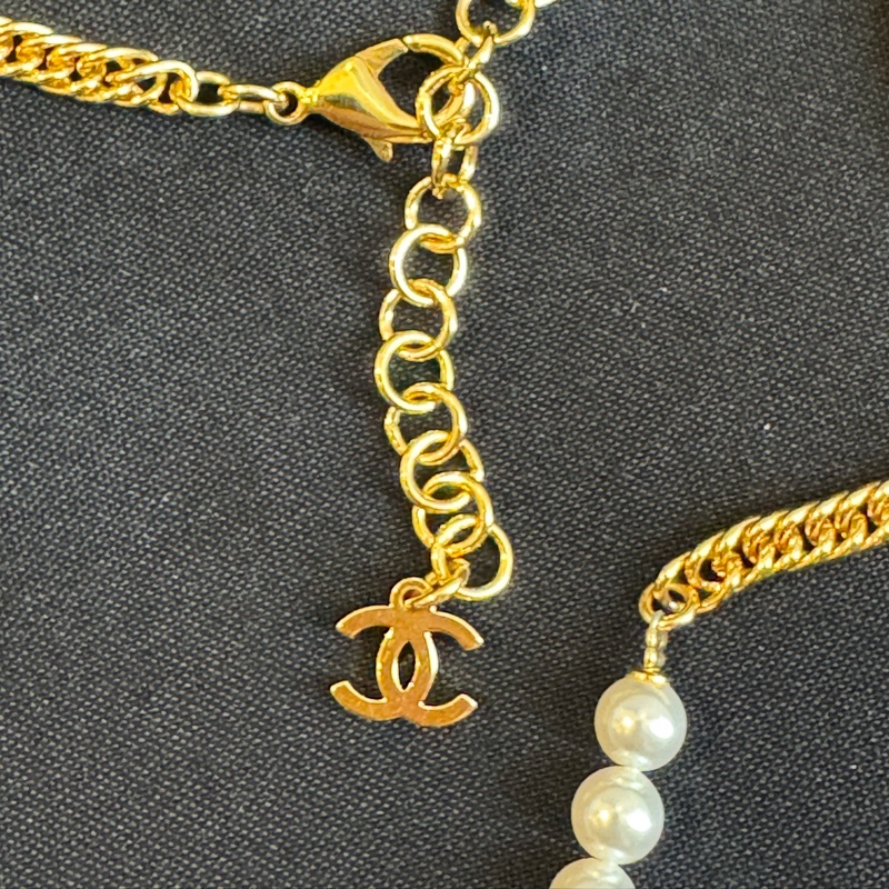 Chanel ABC710金/珍珠牛仔愛心項鏈-3