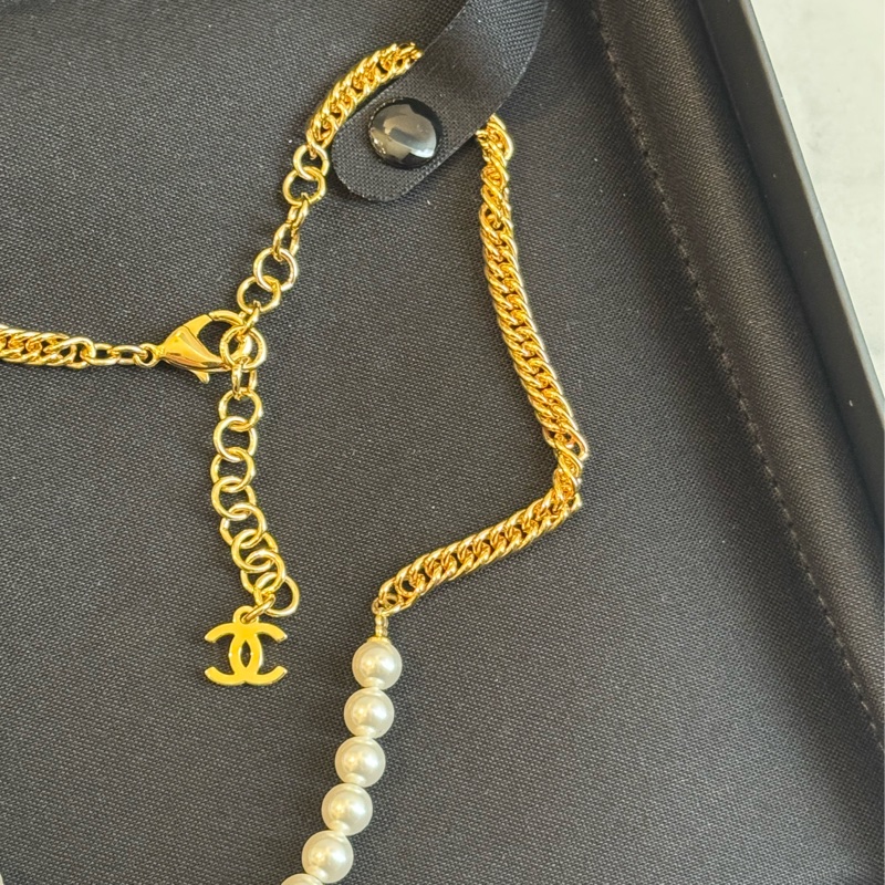Chanel ABC710金/珍珠牛仔愛心項鏈-4
