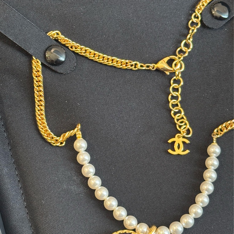 Chanel ABC710金/珍珠牛仔愛心項鏈-5