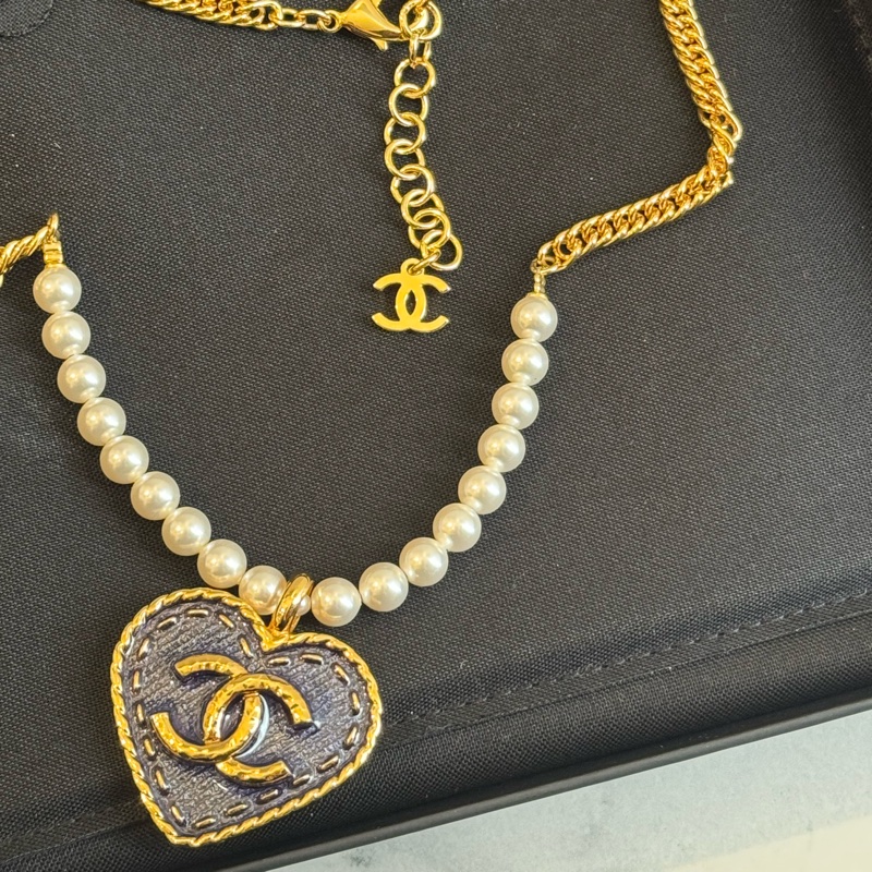 Chanel ABC710金/珍珠牛仔愛心項鏈-6
