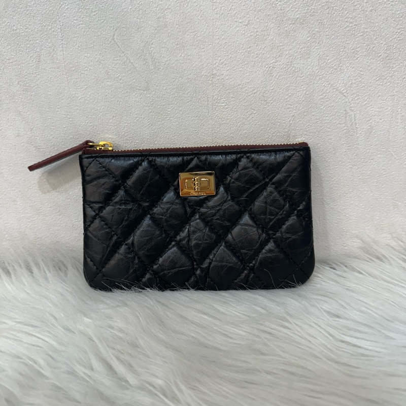 Chanel 黑皮復古金釦2.55一字零錢包-0