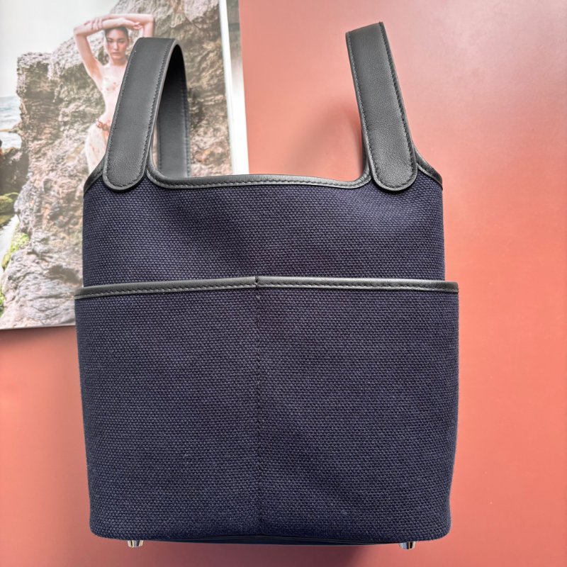 U刻 ::HERMES:: PICOTIN 18深藍色帆布 拼接皮革 金釦手提包 菜籃子-1