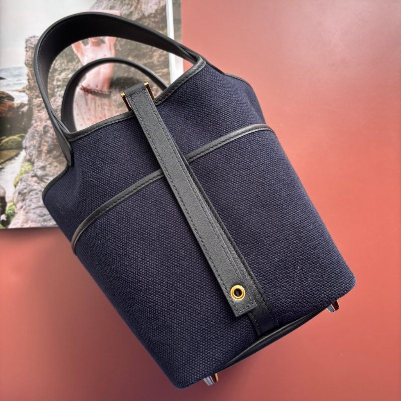 U刻 ::HERMES:: PICOTIN 18深藍色帆布 拼接皮革 金釦手提包 菜籃子-2