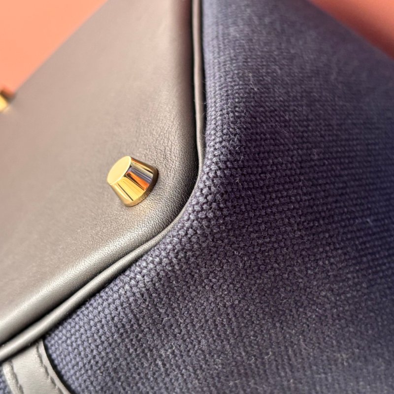 U刻 ::HERMES:: PICOTIN 18深藍色帆布 拼接皮革 金釦手提包 菜籃子-6