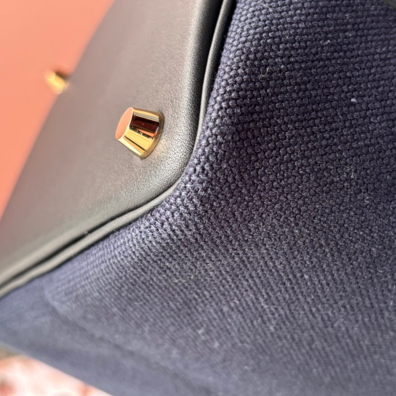 U刻 ::HERMES:: PICOTIN 18深藍色帆布 拼接皮革 金釦手提包 菜籃子-7