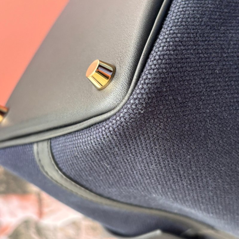 U刻 ::HERMES:: PICOTIN 18深藍色帆布 拼接皮革 金釦手提包 菜籃子-8