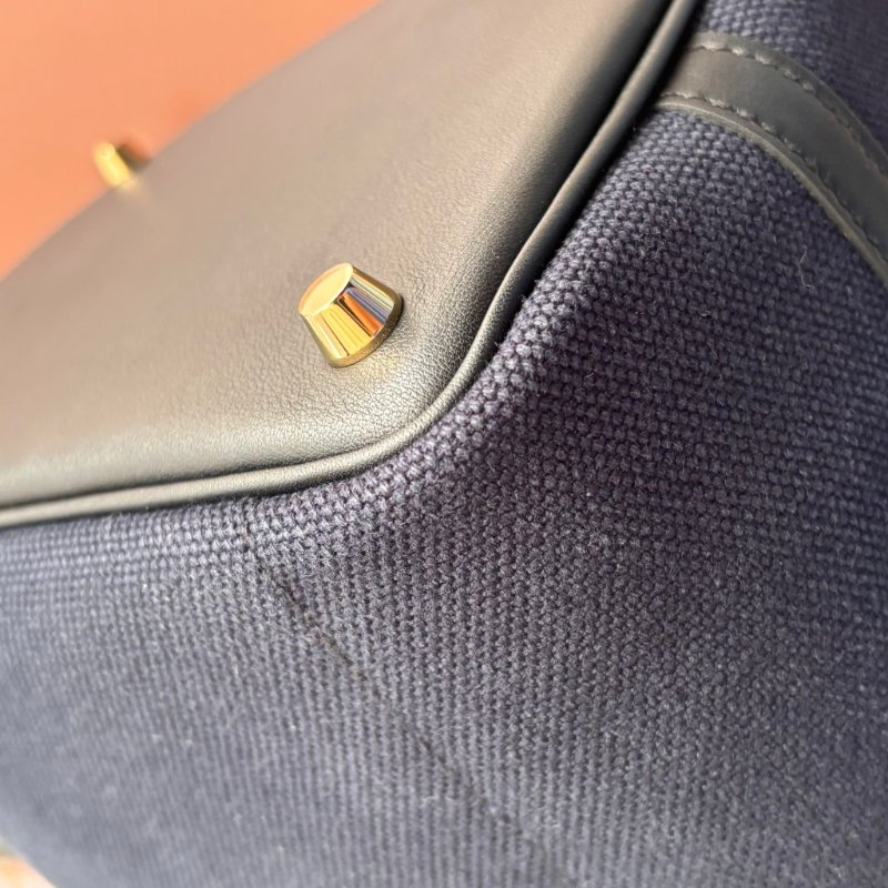U刻 ::HERMES:: PICOTIN 18深藍色帆布 拼接皮革 金釦手提包 菜籃子-9
