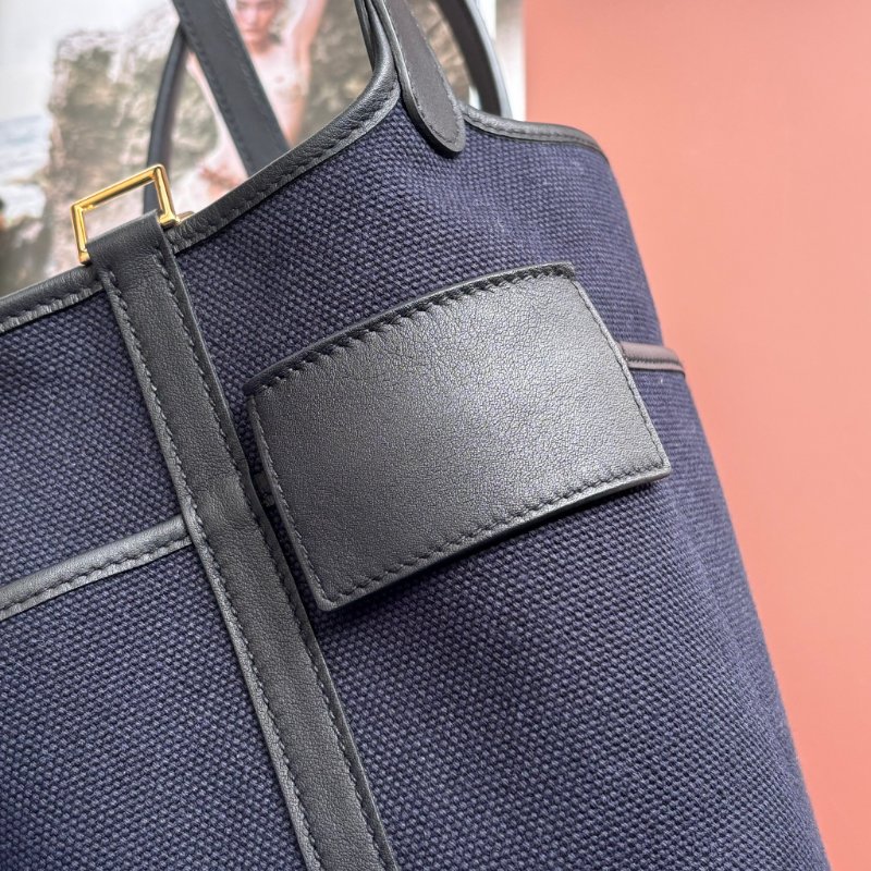 U刻 ::HERMES:: PICOTIN 18深藍色帆布 拼接皮革 金釦手提包 菜籃子-10