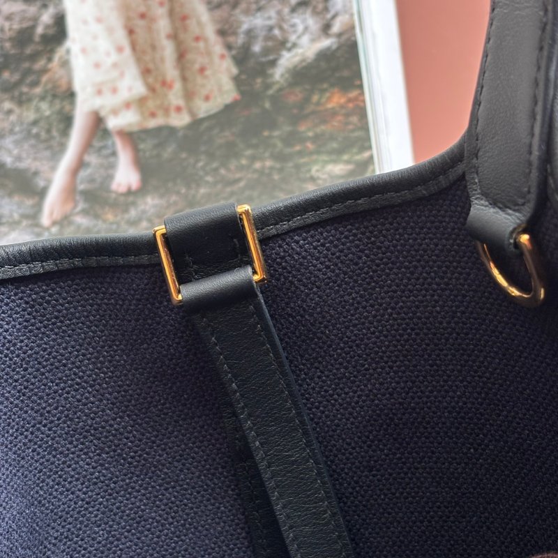 U刻 ::HERMES:: PICOTIN 18深藍色帆布 拼接皮革 金釦手提包 菜籃子-15