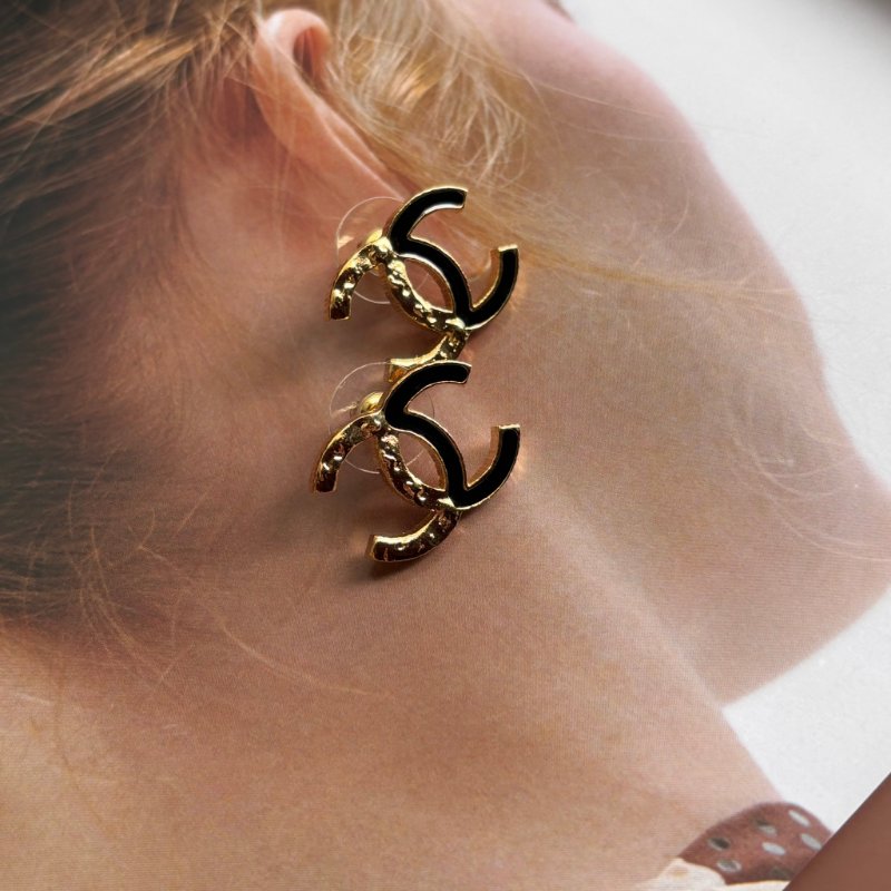 24C ::CHANEL:: ABC254黑/熔岩金雙C耳環 全雙C拼色耳環/耳針 熔岩金拼黑-1