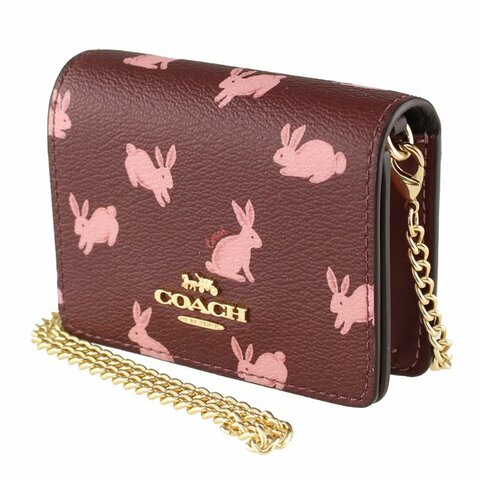 【COACH】粉紅兔子WOC鍊條小廢包-酒紅