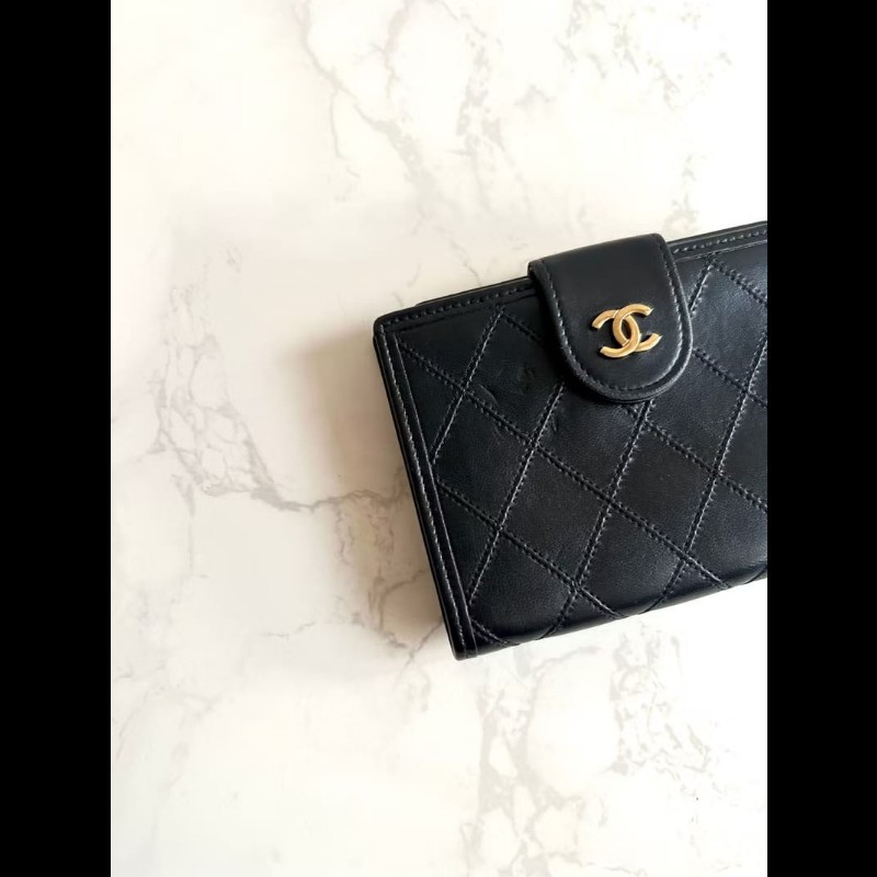 【LA LUNE】Chanel 黑色小羊皮革口金包 中夾 銀包 短夾 皮革包 中古包 二手-1