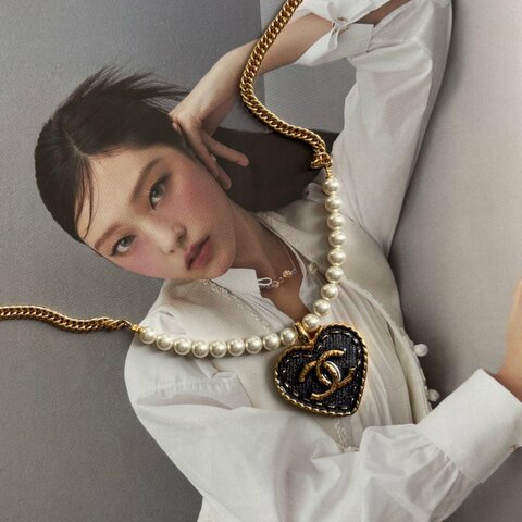 ::CHANEL:: ABC710 單寧金框愛心造型 珍珠配飾 金鍊頸鍊 短項鍊 短練 長鏈 長項鍊