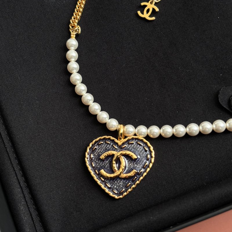 ::CHANEL:: ABC710 單寧金框愛心造型 珍珠配飾 金鍊頸鍊 短項鍊 短練 長鏈 長項鍊-10