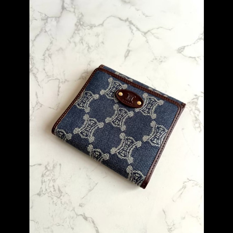 【LA LUNE】絕版古董包 Celine 牛仔藍凱旋門短夾 銀包 皮夾 中古包 二手包-0