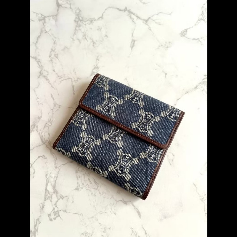 【LA LUNE】絕版古董包 Celine 牛仔藍凱旋門短夾 銀包 皮夾 中古包 二手包-1