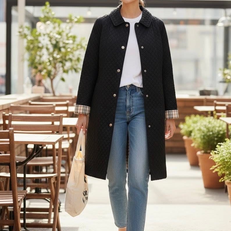 BURBERRY 倫敦 縫衍菱格紋長版外套黑色-0