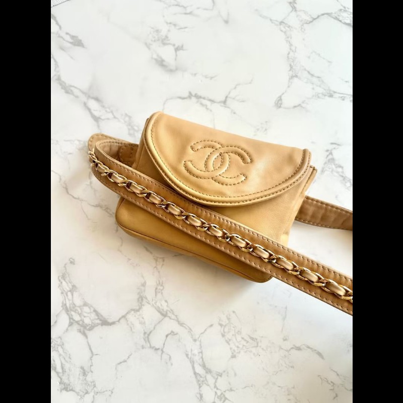 【LA LUNE】稀有中古包 Chanel駝色皮革單肩包 腋下包 腰帶包 古董包 側背包-0