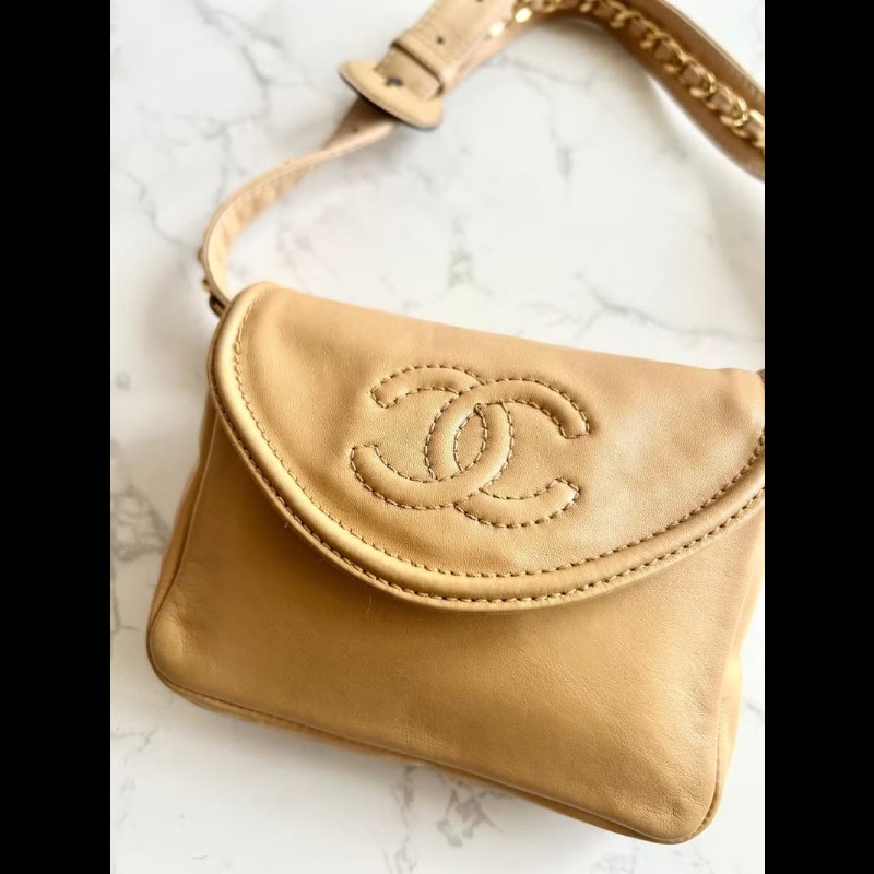 【LA LUNE】稀有中古包 Chanel駝色皮革單肩包 腋下包 腰帶包 古董包 側背包-2