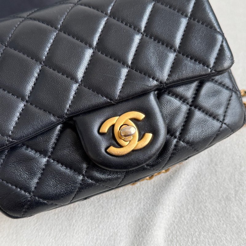 芯片款 香奈兒/Chanel 羊皮黑金金球方胖子鏈條包-4