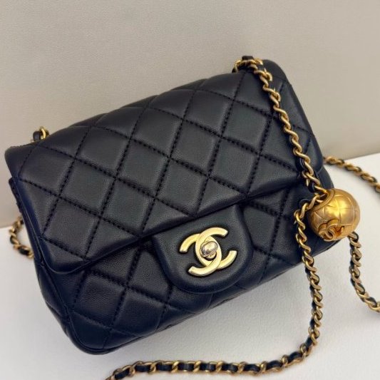 芯片款 香奈兒/Chanel 羊皮黑金金球方胖子鏈條包-5