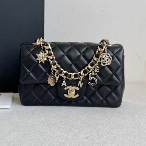 香奈兒/Chanel CF黑金菱格紋大Mini鏈條包