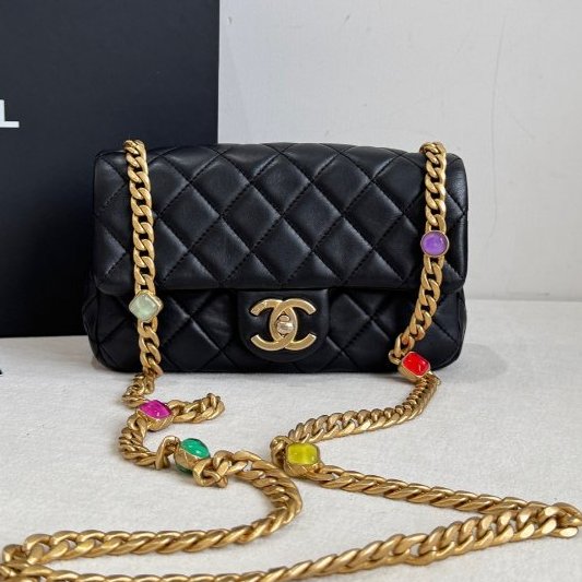 香奈兒/Chanel CF黑金菱格紋寶石鏈條大mini 肩背包-0