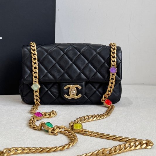 香奈兒/Chanel CF黑金菱格紋寶石鏈條大mini 肩背包-5