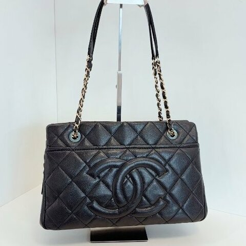 近新品 香奈兒/Chanel 黑金荔枝牛皮 雙C浮雕大logo Tote 小號 鏈條肩背包