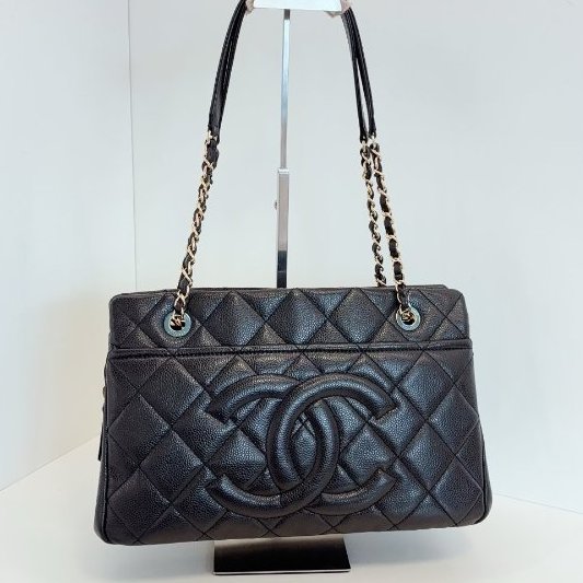 近新品 香奈兒/Chanel 黑金荔枝牛皮 雙C浮雕大logo Tote 小號 鏈條肩背包-0