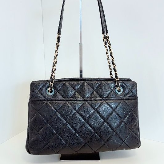 近新品 香奈兒/Chanel 黑金荔枝牛皮 雙C浮雕大logo Tote 小號 鏈條肩背包-8