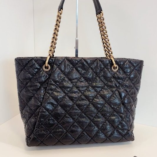 香奈兒/Chanel 黑金荔枝油蠟牛皮 外縫線單肩Tote 經典雙C吊墜 鏈條肩背包-1