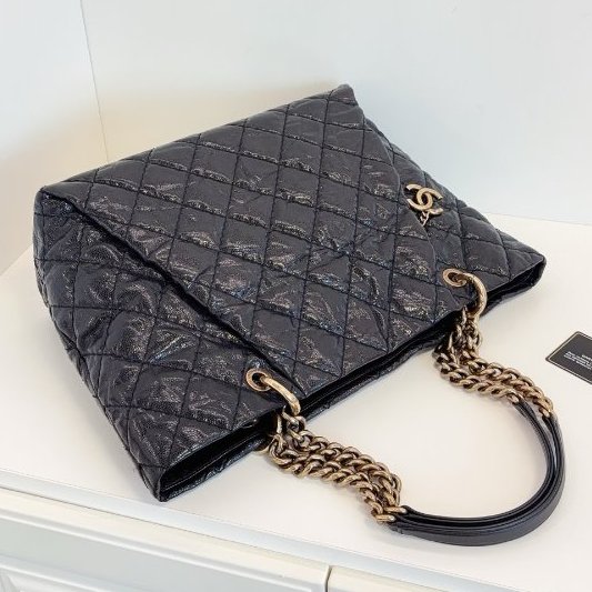 香奈兒/Chanel 黑金荔枝油蠟牛皮 外縫線單肩Tote 經典雙C吊墜 鏈條肩背包-4