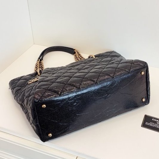 香奈兒/Chanel 黑金荔枝油蠟牛皮 外縫線單肩Tote 經典雙C吊墜 鏈條肩背包-5