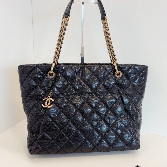 香奈兒/Chanel 黑金荔枝油蠟牛皮 外縫線單肩Tote 經典雙C吊墜 鏈條肩背包-6