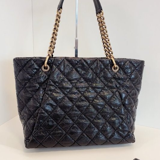 香奈兒/Chanel 黑金荔枝油蠟牛皮 外縫線單肩Tote 經典雙C吊墜 鏈條肩背包-7