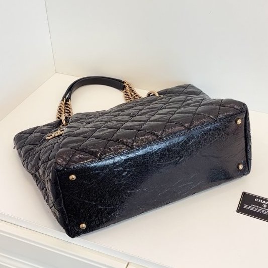 香奈兒/Chanel 黑金荔枝油蠟牛皮 外縫線單肩Tote 經典雙C吊墜 鏈條肩背包-8