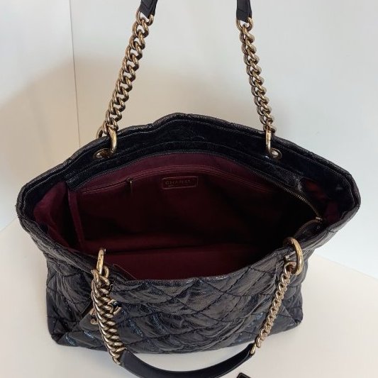 香奈兒/Chanel 黑金荔枝油蠟牛皮 外縫線單肩Tote 經典雙C吊墜 鏈條肩背包-9