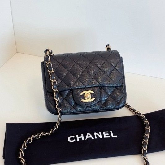 香奈兒/Chanel 黑金魚子醬CF荔枝皮菱格紋方胖子 鏈條包-0