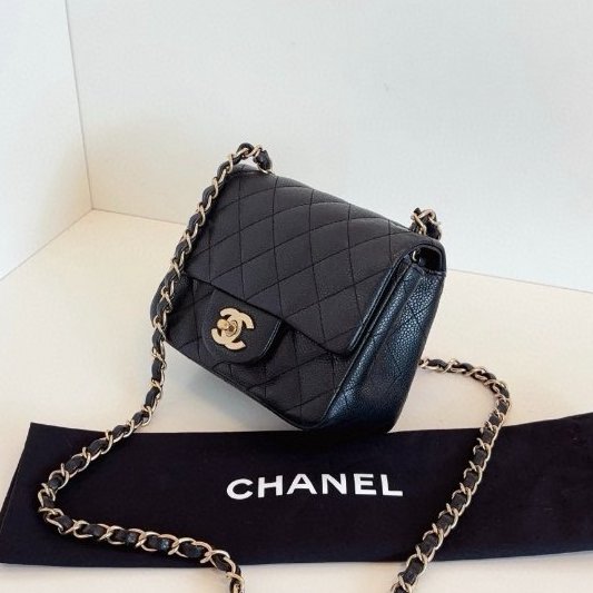 香奈兒/Chanel 黑金魚子醬CF荔枝皮菱格紋方胖子 鏈條包-3