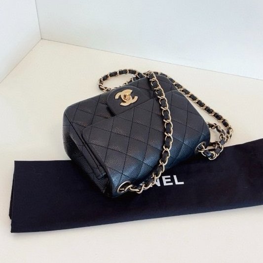 香奈兒/Chanel 黑金魚子醬CF荔枝皮菱格紋方胖子 鏈條包-4